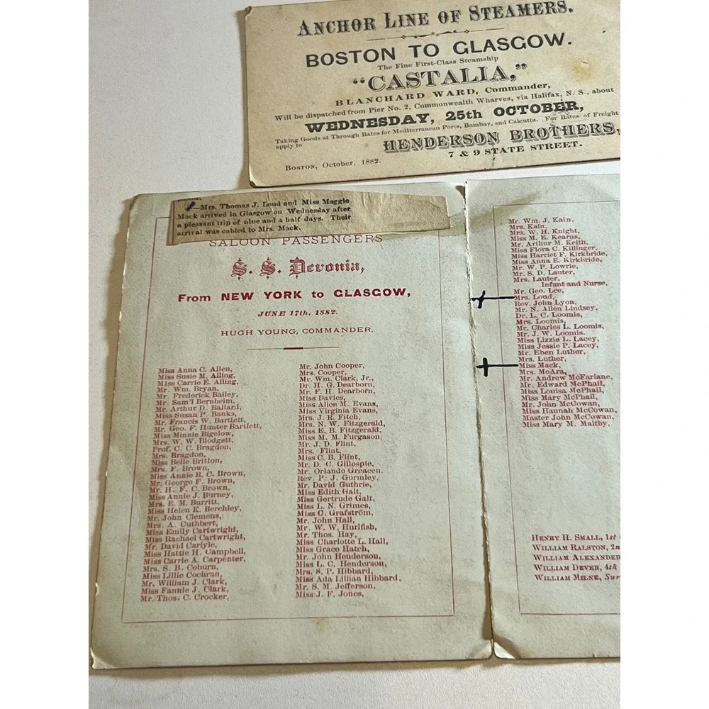 Anchor Line Steamship Ephemera 1882‎ Castalia & Devonia Passenger List & Flyer